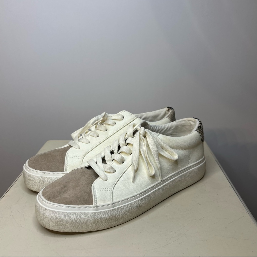 Express Women’s White and Taupe Color block Snake Print Sneakers, Size 9.5